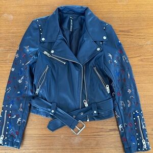 Embroidered Blue  vegan Leather Jacket
